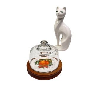 Goodwood VTG Wood Cheese Board Tray W/glass Dome Fruit Themed